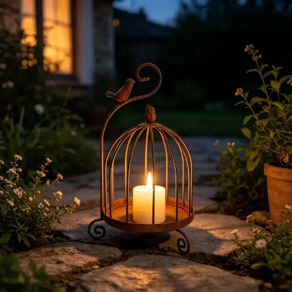 Lanterne volière enchantée sur une terrasse